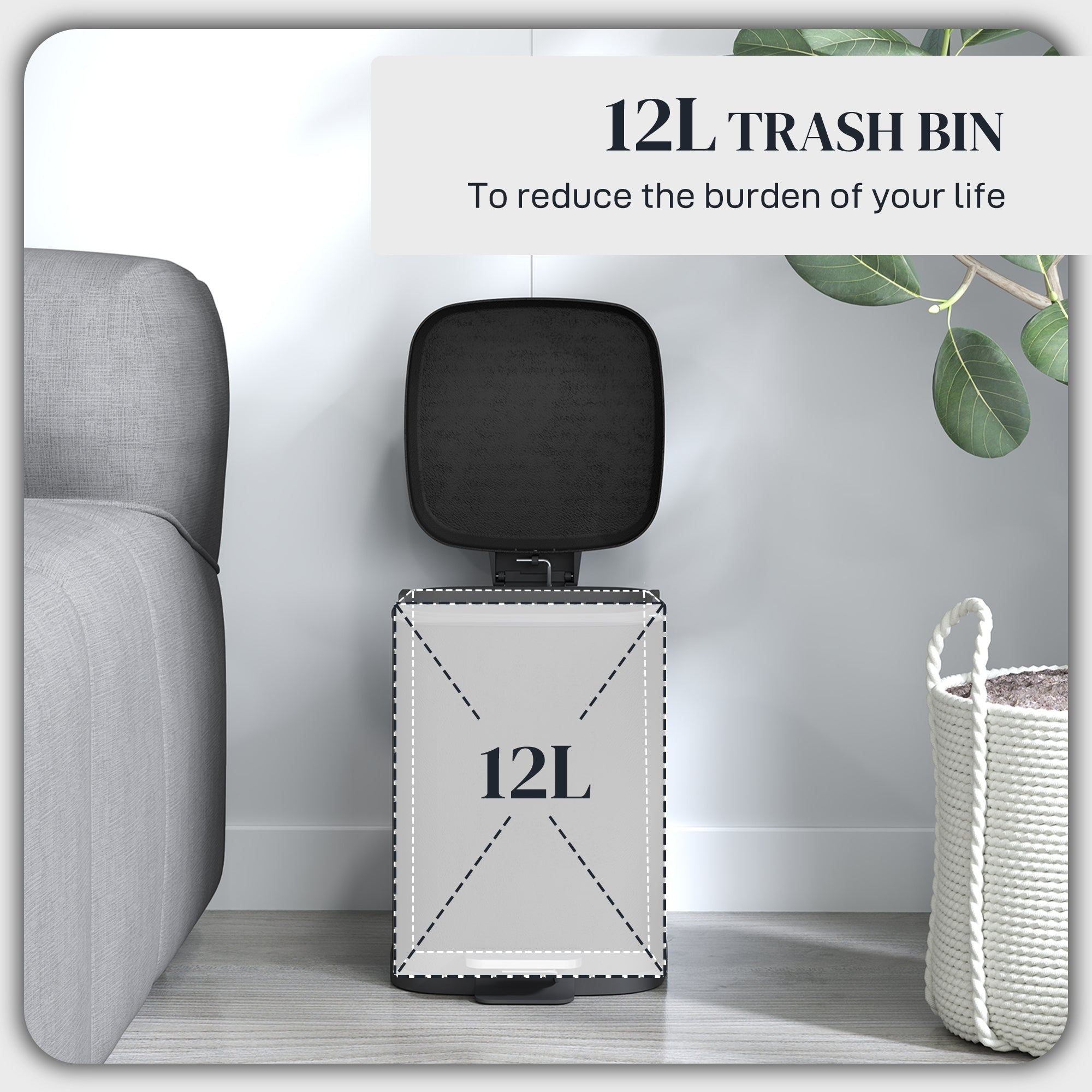 12L Modern Boxy Metal Home Kitchen Bin - Black - Image 4