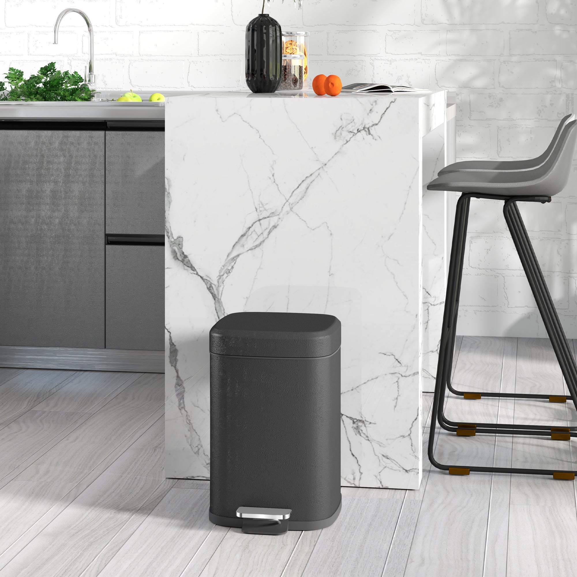 12L Modern Boxy Metal Home Kitchen Bin - Black - Image 2